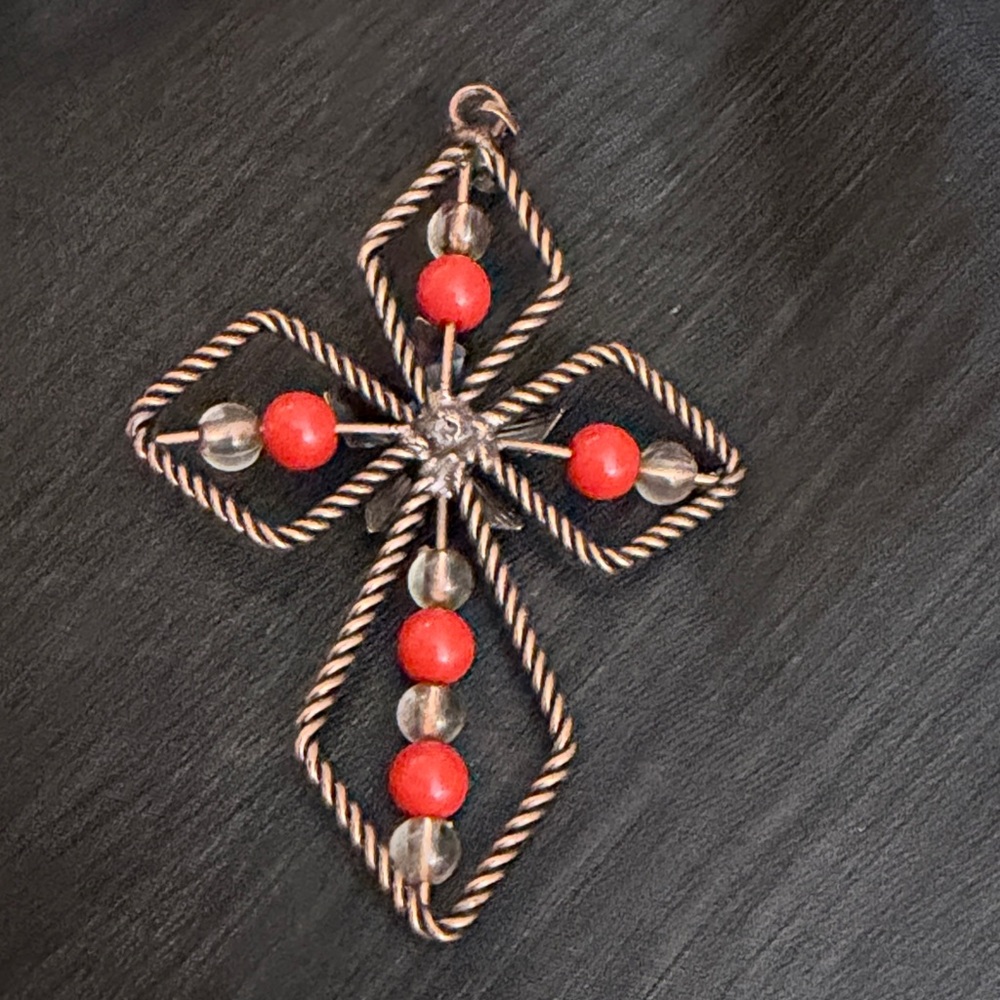 Copper Cross Pendant with Red and Turquoise Beads - Picture 5 of 6